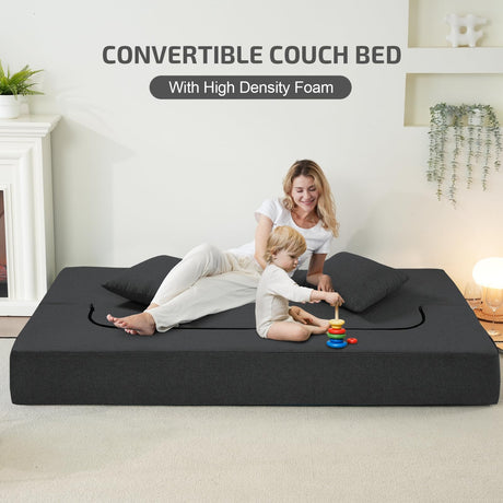 SUYOLS 2-in-1 Convertible Couch Bed with 2 Pillows - Folding Floor Couch & Sleeping Mattress - Washable Cover & Memory Foam Sleeper for Living Room/Guest Room/Home Office/Van Trip, Twin XL, Dark Grey SUYOLS