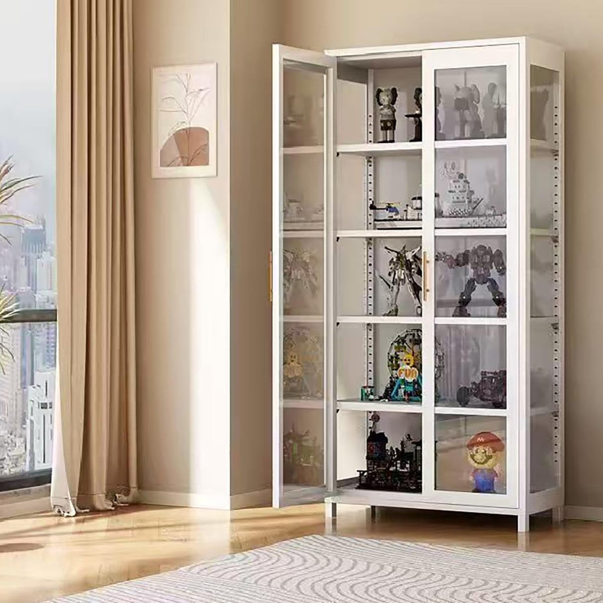 qeknxks Display Cabinet with Glass Doors, 5-Tier Metal Curio Cabinet, Glass Display Cases for Figurine, Toy Organizers Rack & Display Shelf, Kids Bookcase for Home Office, Playroom, Living Room qeknxks