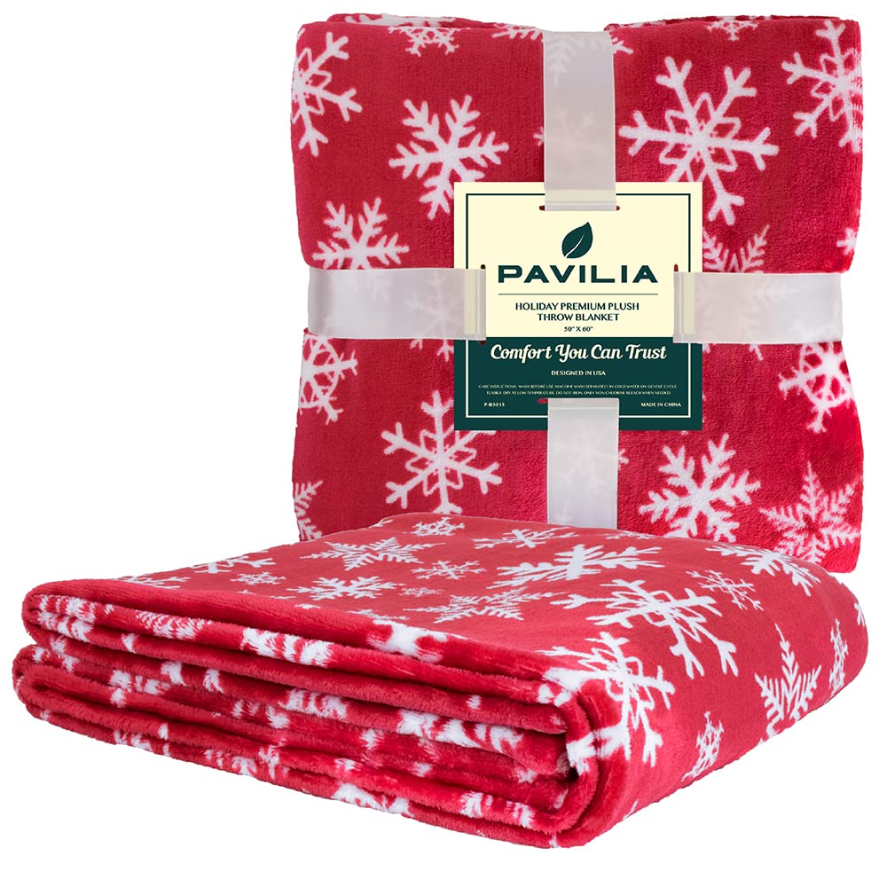 PAVILIA Christmas Throw Blanket | Red Snowflake Christmas Fleece Blanket | Soft, Plush, Warm Winter Cabin Throw, 50x60 (Red/White Snowflake) PAVILIA