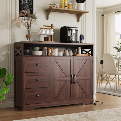 47" Dark Brown Farmhouse Storage Cabinet with Barn Doors and Drawers, Sideboard Buffet Cabinet with Storage, Kitchen Pantry Hutch, Coffee Bar Station Table for Kitchen, Living, Dining Room