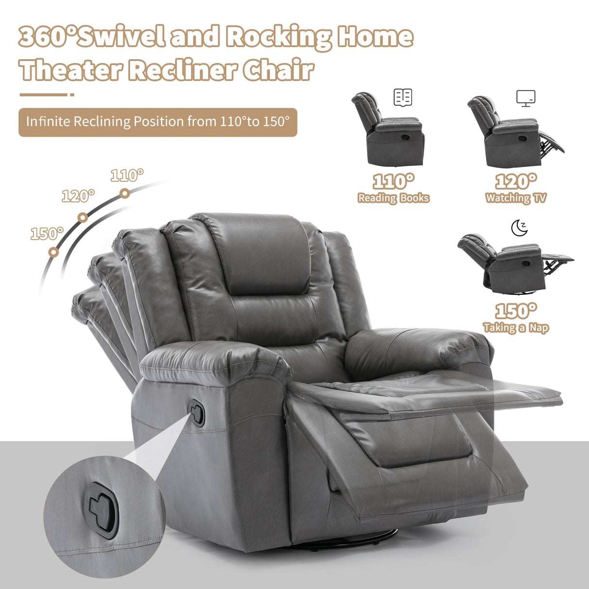 3 Seater Home Theater Recliner Manual Recliner Chair with Two Built in Cup Holders for Living Room,Bedroom, Grey Generic