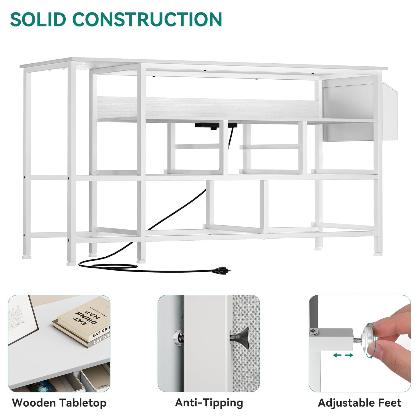 YITAHOME Dresser TV Stand for 55'' TV, 9-Drawer Dresser with Power Outlet and LED Light, Wide Dresser with Metal Handle, White Dresser with Shelves and PU Finish