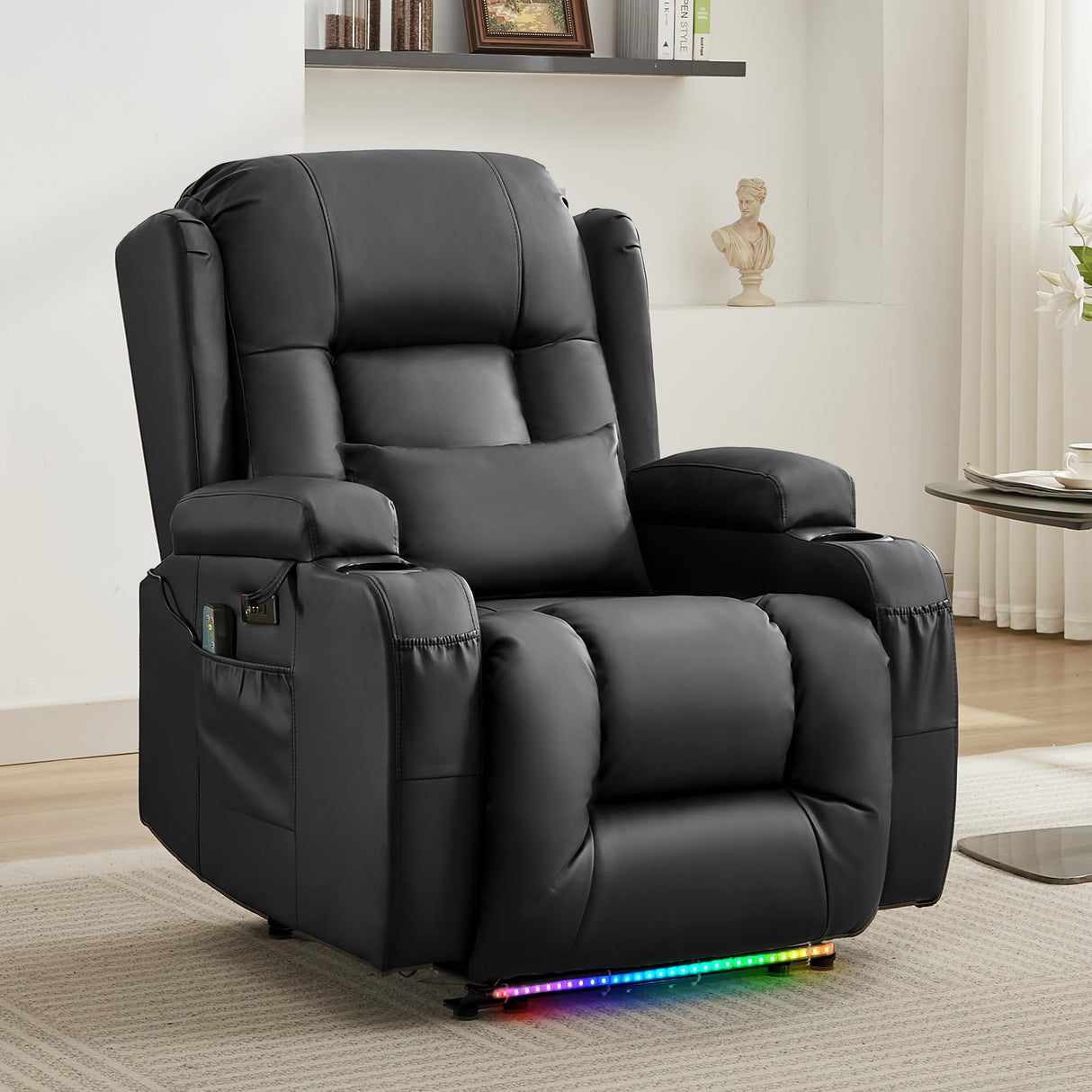 URRED Recliner Chair with Massage and Heat, Power Reclining Sofa Chair Home Theater Seating with LED Ambient Light, USB Ports, Cup Holders, Side Pockets, Faux Leather, Black URRED