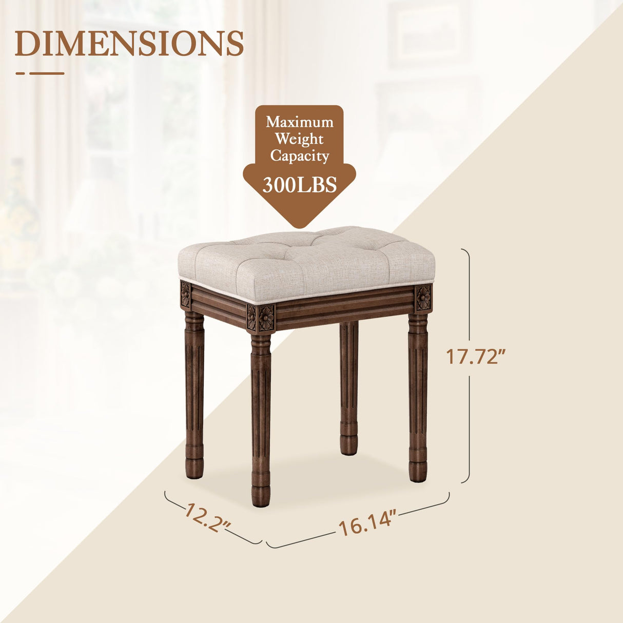 LUE BONA Upholstered Fabric Vanity Bench Seat, Makeup Stools for Vanity, Square Tufted Ottoman Bench with Carved Dark Brown Legs for Bedroom Living Room, Linen Color LUE BONA