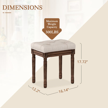 LUE BONA Upholstered Fabric Vanity Bench Seat, Makeup Stools for Vanity, Square Tufted Ottoman Bench with Carved Dark Brown Legs for Bedroom Living Room, Linen Color LUE BONA