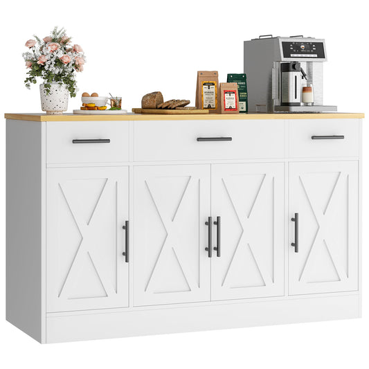 Vongrasig Buffet Cabinet with Drawers, 53” Large Sideboard Buffet Kitchen Storage Cabinet, Modern Farmhouse Coffee Bar with Shelves and Doors, Wood Buffet Table for Kitchen, Dining Room, White