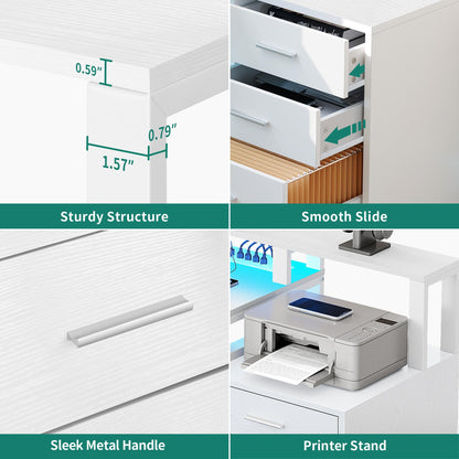 YITAHOME L Shaped Desk with 3 Drawers, 65" Corner Computer Desk with Power Outlets & LED Lights, L-Shaped Desk with File Cabinet & Printer Stand for Home Office, White