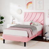 HOMBCK Twin Bed Frames/Faux Leather Upholstered Platform Bed with Headboard/Strong Wooden Slats/No Box Spring Needed/Easy Assembly/Pink HOMBCK