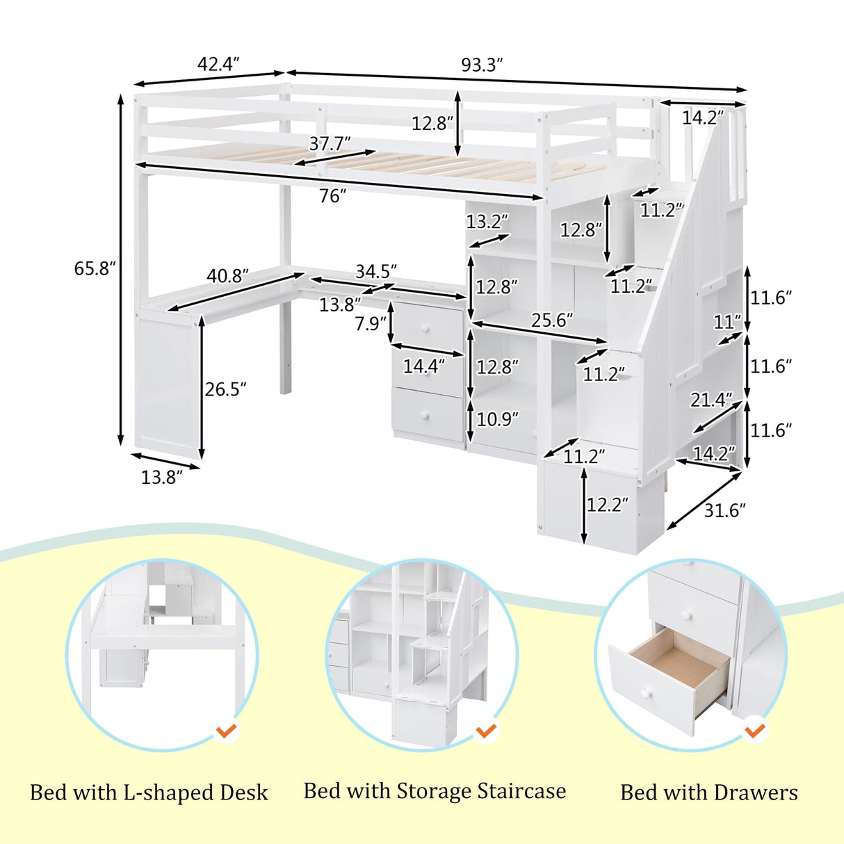 Linique Twin Loft Bed with 3-Drawers L-Shape Desk, Bookcase, Cabinet and Storage Staircase, Solid Wood Twin Bed Frame with Full Length Guardrail (White) Linique