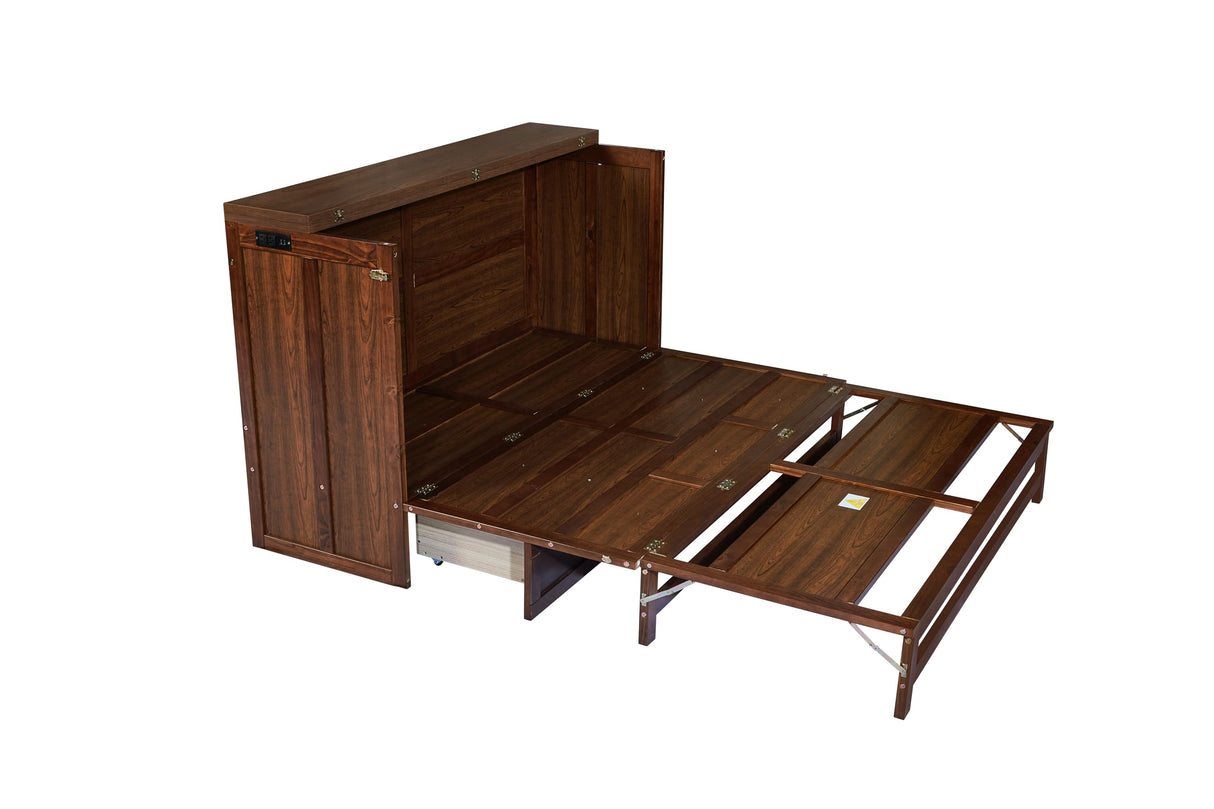 PVWIIK Queen Size Multi-Functional Bed Frame with Drawer and USB for Girls/Boys,Home Office, Studio,Bedroom,Cabinet Murphy Bed w/Plank Support,No Box Spring Needed, Walnut PVWIIK