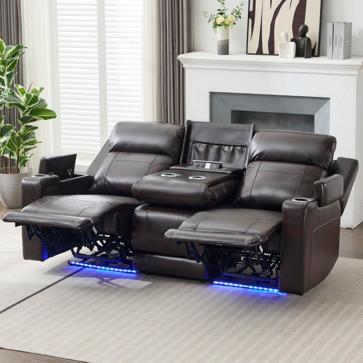 P.H.Furn Power Recliner Sofa, Home Theater Seating with Adjustable Headrest, Blue LED Lighting, Reclining Loveseat, Flip-Up Backrest Storage, Multi-Port Charger, Cup Holder, USB P.H.Furn