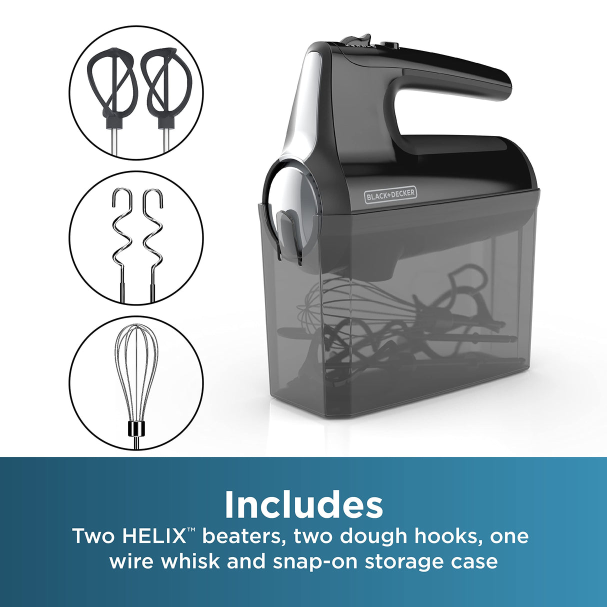 BLACK+DECKER 5 Speed Electric Hand Held Mixer, HELIX beaters, Whisk, and Dough Hook Attachments, Turbo Boost, Snap-On Storage Case BLACK+DECKER