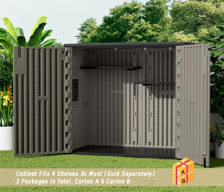 KINYING Outdoor Horizontal Storage Sheds,Outdoor Storage Cabinet Waterproof Resin Tool Storage Box for Lawn Mower,Garden Tools and Patio Furniture, Lockable (Brown) KINYING