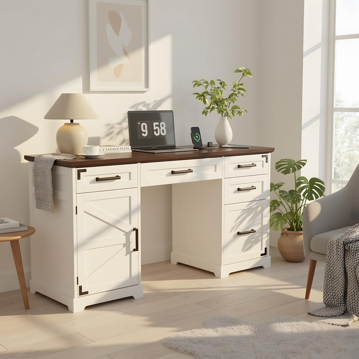 VOWNER 55" Executive Desk, Home Office Desk with Drawers and Storage Cabinet, Farmhouse Wood Desk Workspace for Work Study Writing, Charging Station, Letter/A4 File Drawer, White VOWNER