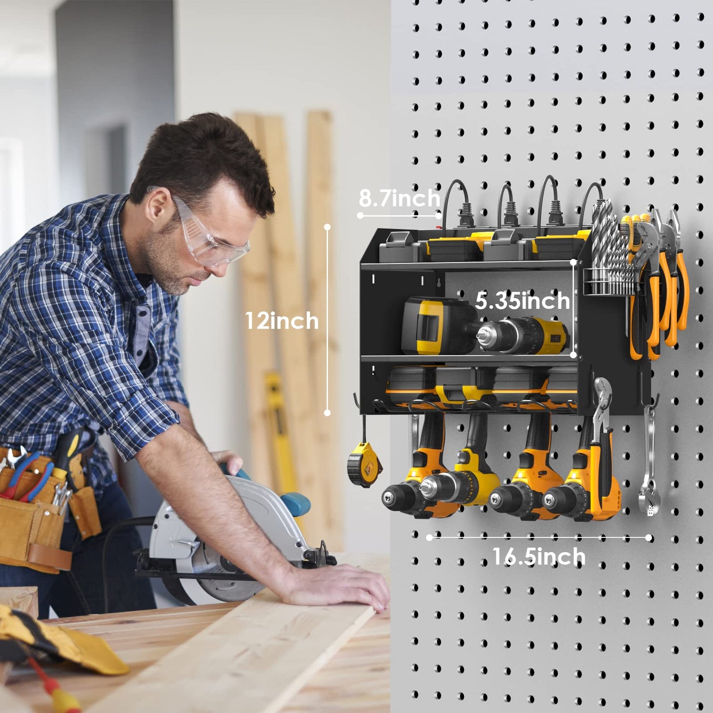 CCCEI Set Power Tool Organizer Wall Mount with Charging Station. Garage 4 Drill Storage Shelf with Hooks, Heavy Duty Metal Tool Battery Charger Organizer. Shop Utility Rack with Power Strip B - WoodArtSupply