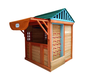 Outdoor Playhouse for Age 3-8 Years Boy Girl, Wooden Cottage Playhouse with 4 Game Awning Window, Ball Wall, Dart Throwing & Tetris. Play House for