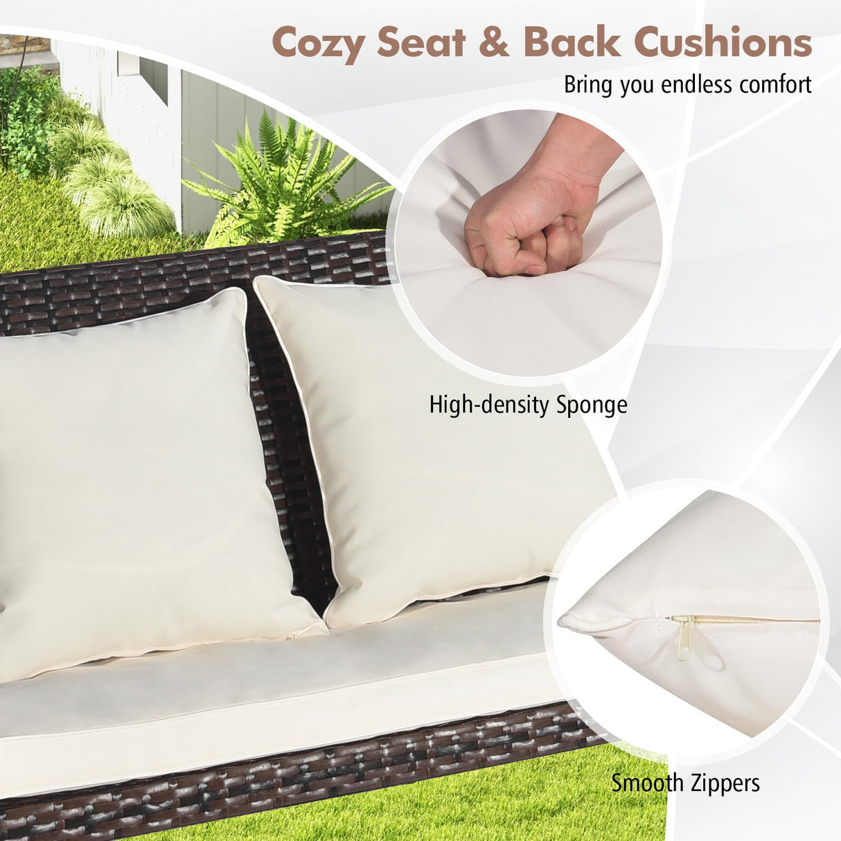 Tangkula Patio Rattan Porch Swing, 2-Person Hanging Chair with Seat & Back Cushions, Reinforced Metal Frame & 2 Hanging Hemp Ropes, Wicker Woven Swing Loveseat for Backyard, Front Porch (Off White) Tangkula