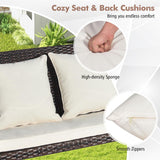 Tangkula Patio Rattan Porch Swing, 2-Person Hanging Chair with Seat & Back Cushions, Reinforced Metal Frame & 2 Hanging Hemp Ropes, Wicker Woven Swing Loveseat for Backyard, Front Porch (Off White) Tangkula
