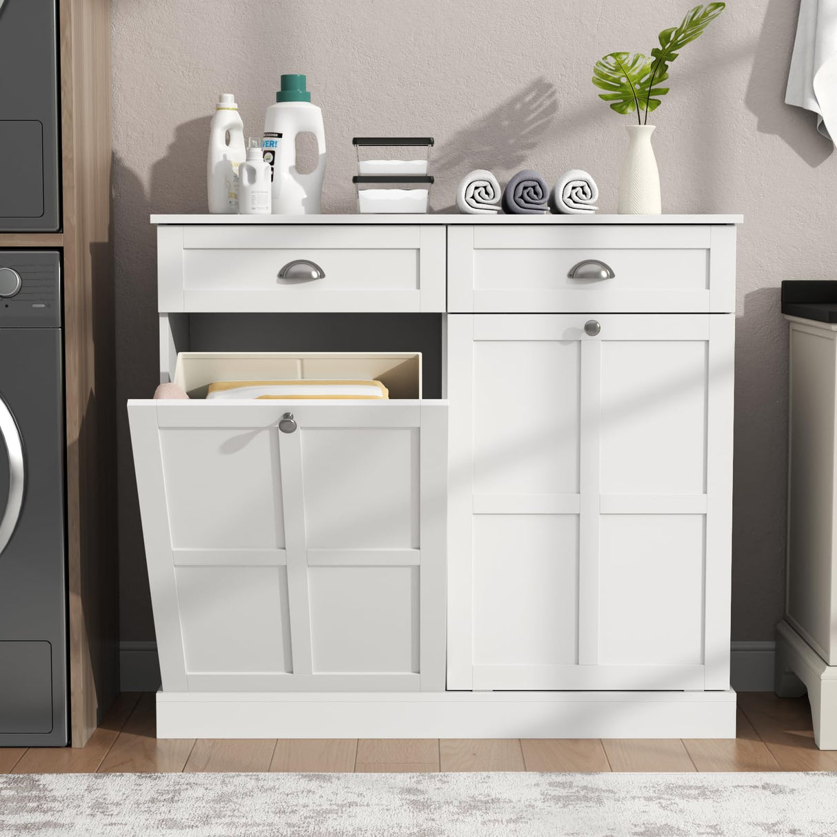 Loomie Double Tilt Out Laundry Hamper Cabinet, Hidden Laundry Cabinet with 2 Drawers & 2 Laundry Storage Baskets, 30 Gallon Trash Can Cabinet, Storage Cabinet for Bathroom, Laundry Room,Kitchen, White Loomie