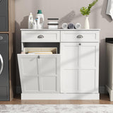 Loomie Double Tilt Out Laundry Hamper Cabinet, Hidden Laundry Cabinet with 2 Drawers & 2 Laundry Storage Baskets, 30 Gallon Trash Can Cabinet, Storage Cabinet for Bathroom, Laundry Room,Kitchen, White Loomie