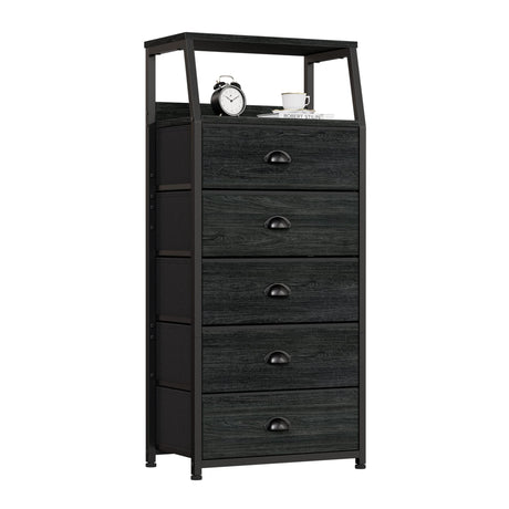 Furnulem Black Dresser with 5 Drawers, Vertical Storage Tower Fabric Dresser for Bedroom, Hallway, Entryway, Nursery, Closet Organizer, Nightstand Bedside Table Furniture, Sturdy Steel Frame, Wood Top Furnulem