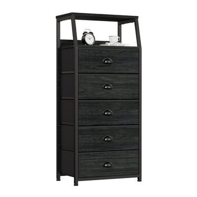 Furnulem Black Dresser with 5 Drawers, Vertical Storage Tower Fabric Dresser for Bedroom, Hallway, Entryway, Nursery, Closet Organizer, Nightstand Bedside Table Furniture, Sturdy Steel Frame, Wood Top