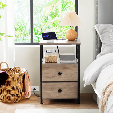 AMHANCIBLE Night Stand Set 2, Nightstand with Charging Station, End Tables Living Room with USB Ports and Outlets, Bedside Tables with Fabric Drawers for Bedroom, Greige HET05XGY AMHANCIBLE