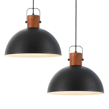 ELYONA 2 Pack Large Pendant Light Fixtures 16 Inch Hammered Metal Ash Wood Dome Ceiling Hanging Lamp, Industrial Kitchen Island Pendant Lighting for Farmhouse, Dining Room,Living Room, Black - WoodArtSupply