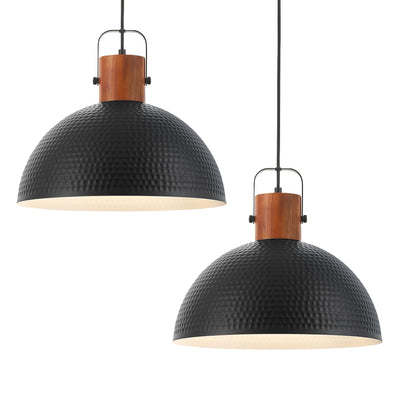 ELYONA 2 Pack Large Pendant Light Fixtures 16 Inch Hammered Metal Ash Wood Dome Ceiling Hanging Lamp, Industrial Kitchen Island Pendant Lighting for Farmhouse, Dining Room,Living Room, Black