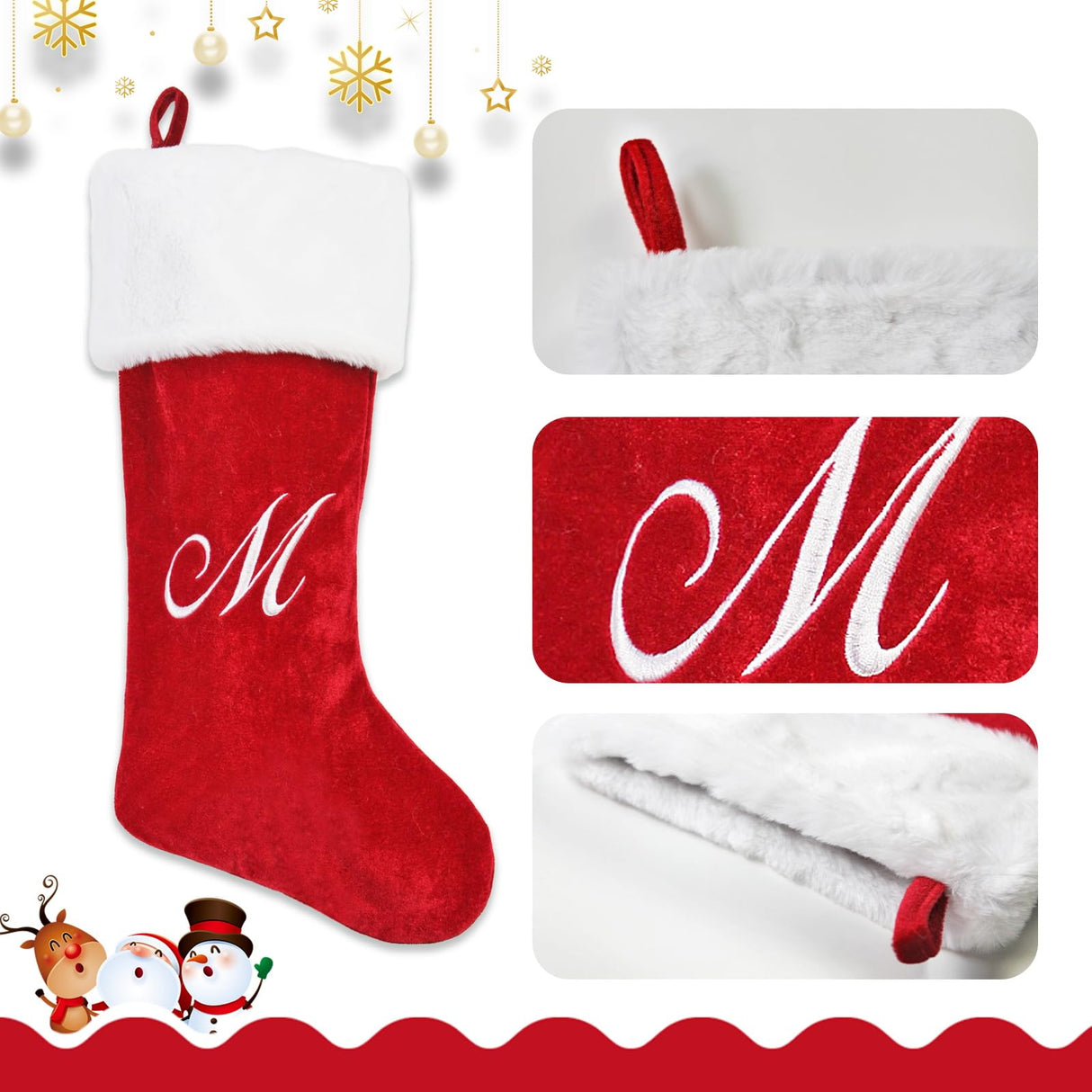 PORRUNNY 20 Inch Letter Christmas Stockings Red Polyester Plush for Family Holiday Xmas Party Decor Fireplace Hanging for Family Kids - M PORRUNNY