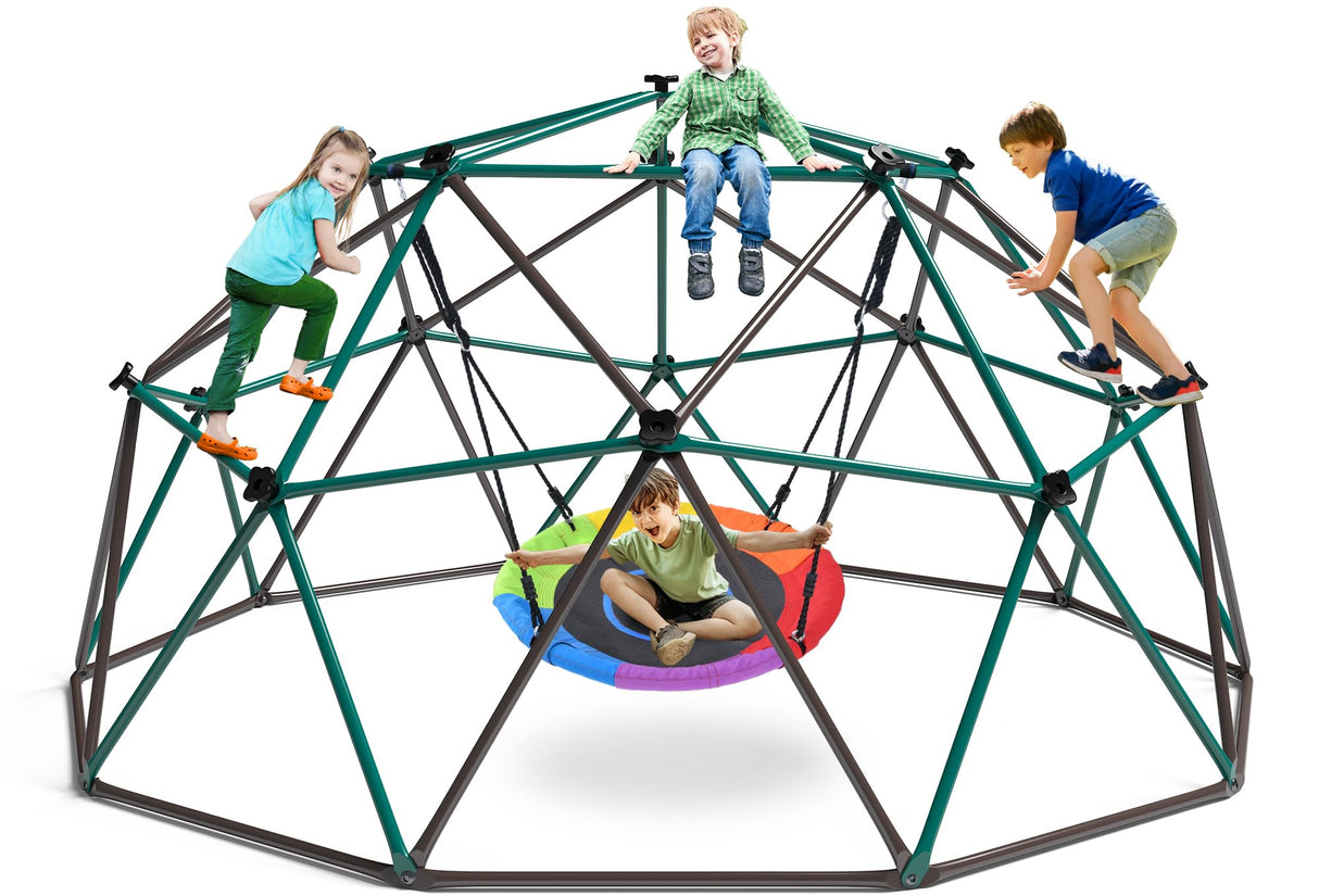 Hapfan 10 ft Climbing Dome Swing Set with Saucer Swing, Jungle Gym for Kids Outdoor Backyard, Supports 800lbs, Easy Asssembly, Rust-Resistant Outdoor Playset for Ages 3-8 8-12 (Green and Brown) Hapfan