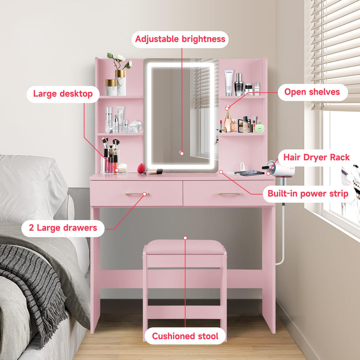 QUALIKRAFT Vanity Set with Mirror and Stool and Lights, Vanity Desk with Mirror & Power Outlet, Vanity Desk with Drawers, Pink Vanity with Lighted Mirror, Dressing Table Set with 2 Large Drawers QUALIKRAFT