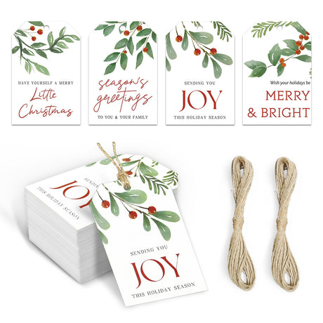 Catephe Christmas Paper Gift Tags, 100pcs Watercolor Xmas Tree Pinecone Tags, Gift Wrapping Name Tags with Hemp Rope, Christmas Tree Tags for Xmas Decor 4 Design Catephe