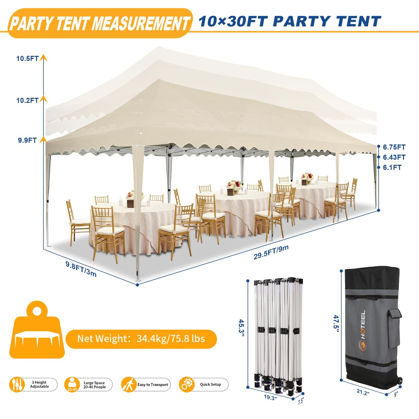 HOTEEL Party Tent 10x30 Pop Up Canopy Tent with 8 Sidewalls, Wheeled Bag, 4 Weight Bags, Easy Setup Outdoor Tent for Backyard Party with Extra Height, Waterproof UPF50+ Event Tent for Patio, Khaki