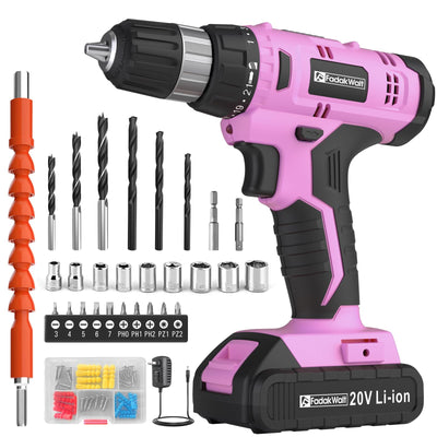 FADAKWALT Cordless Drill Set, 20V Electric Power Drill with Battery And Charger, Torque 30N, 21+1 Torque Setting, 3/8-Inch Keyless Chuck, Drill Driver Bits Kit, with LED Electric Drill Set. （Pink)