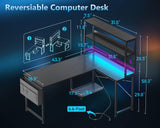 Casaottima Gaming Desk with Power Outlets & LED Lights, 43 Inch Reversible L Shaped Computer Desk with Shelves & Storage Bag, Corner Desk for Home Office, Black Casaottima