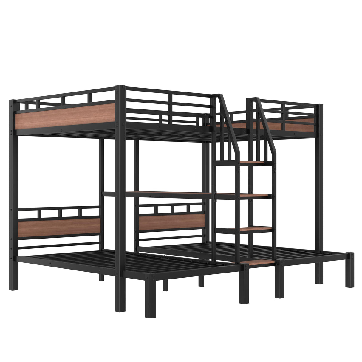 KEIKI Queen Over Twin Over Twin Metal Bunk Bed with Storage Shelves and Stairs, Triple Decker Bunk Bed Frame, Space Saving Heavy Duty Bed with Desk Shelf for Kids Teens Adults, Black KEIKI