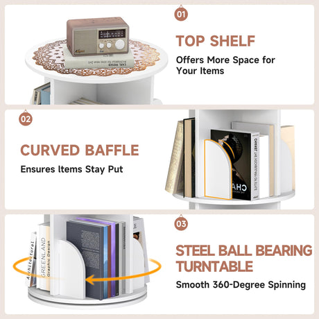 CuFun 3 Tier Rotating Bookshelf, 360 Display Spinning Bookcase, Corner Bookshelf, Floor Standing Revolving Bookcase Storage Rack, Narrow Book Shelf Organizer for Small Space, Bedroom, Office, White CuFun