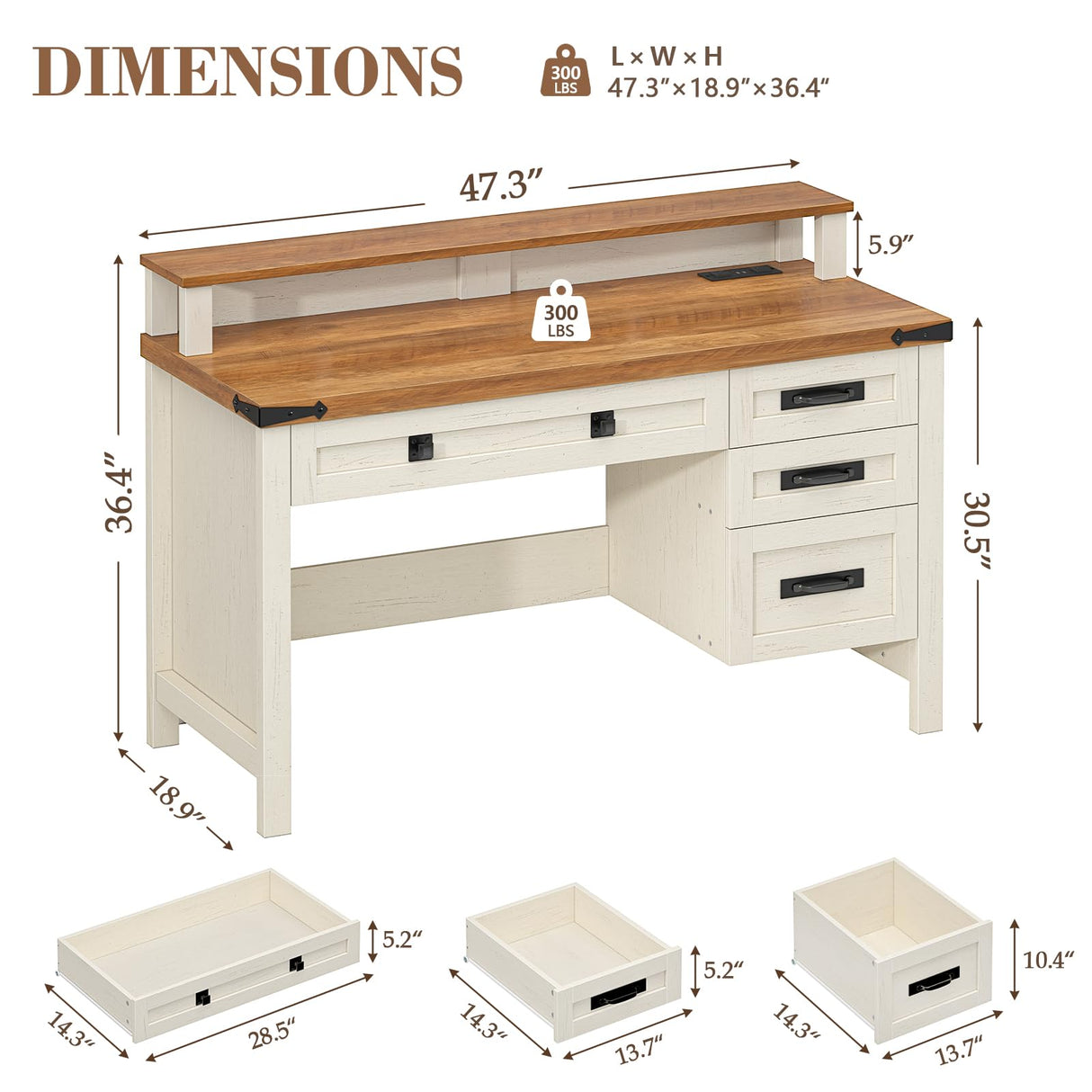 YOMILUVE Farmhouse Executive Desk with Drawers, 47" Computer Desk with Power Outlets, Home Office Desk with Monitor Stand & 4 Drawers, Small Desk Writing Study Table, Antique White YOMILUVE