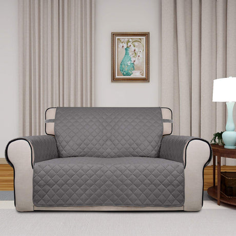 PureFit Reversible Quilted Sofa Cover, Water Resistant Medium Slipcover Furniture Protector, Washable Couch Cover with Non Slip Foam and Elastic Straps for Kids, Dogs, Pets (Loveseat, Gray/Light Gray) PureFit