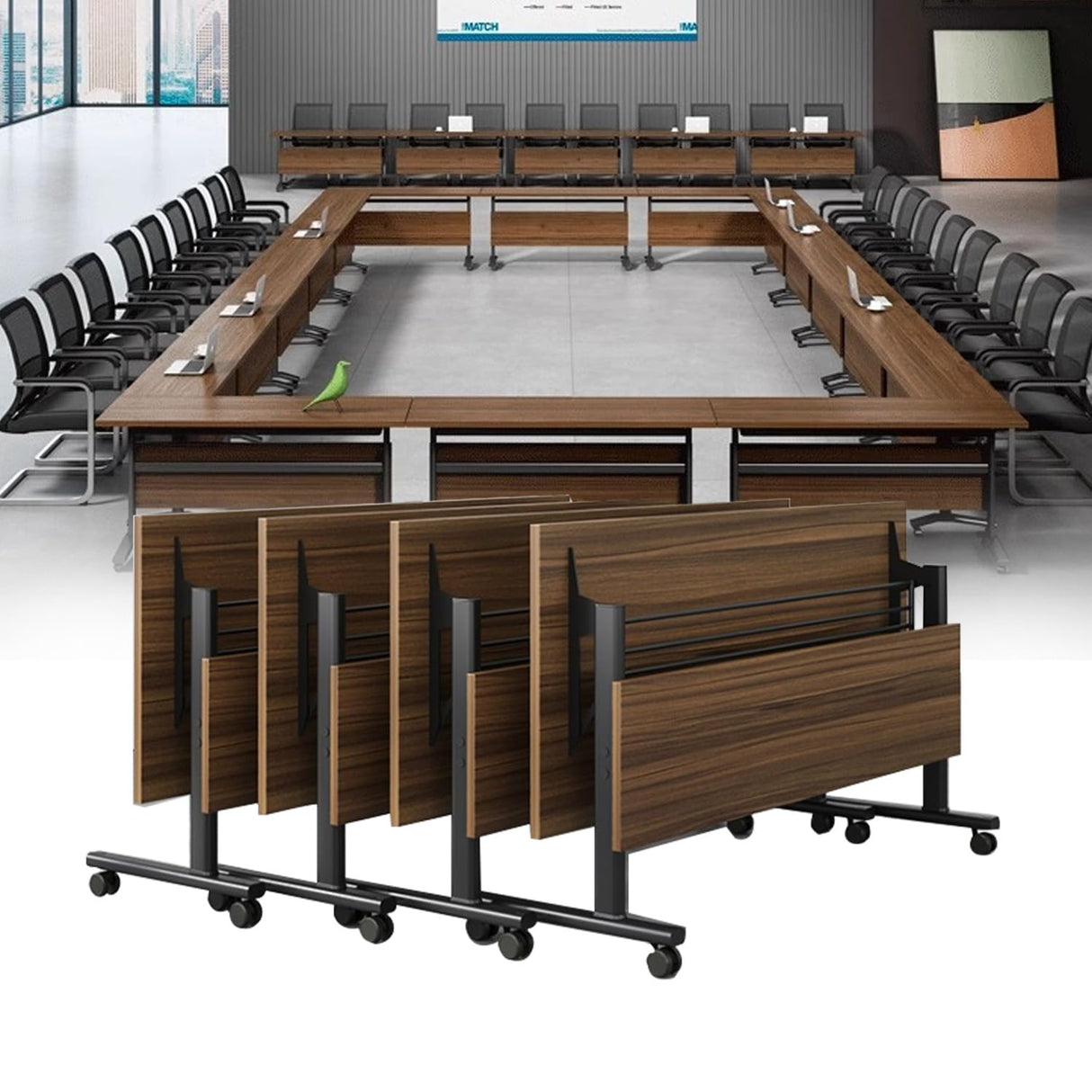 Folding Conference Table,Modern Office Conference Room Table,Mobile Flip Top Training Tables with Caster Wheels,Foldable Meeting Table Seminar Tables for Office,Meeting Room (8 Pack, 70.9x21.7x29.5in) Crevew