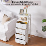 Somdot White Nightstand with Charging Station and LED Light for Bedroom, Tall 4 Drawers Dresser with Fabric Bins for Bedside Kids Dorm Room Closet Laundry Entryway, White Leather Somdot