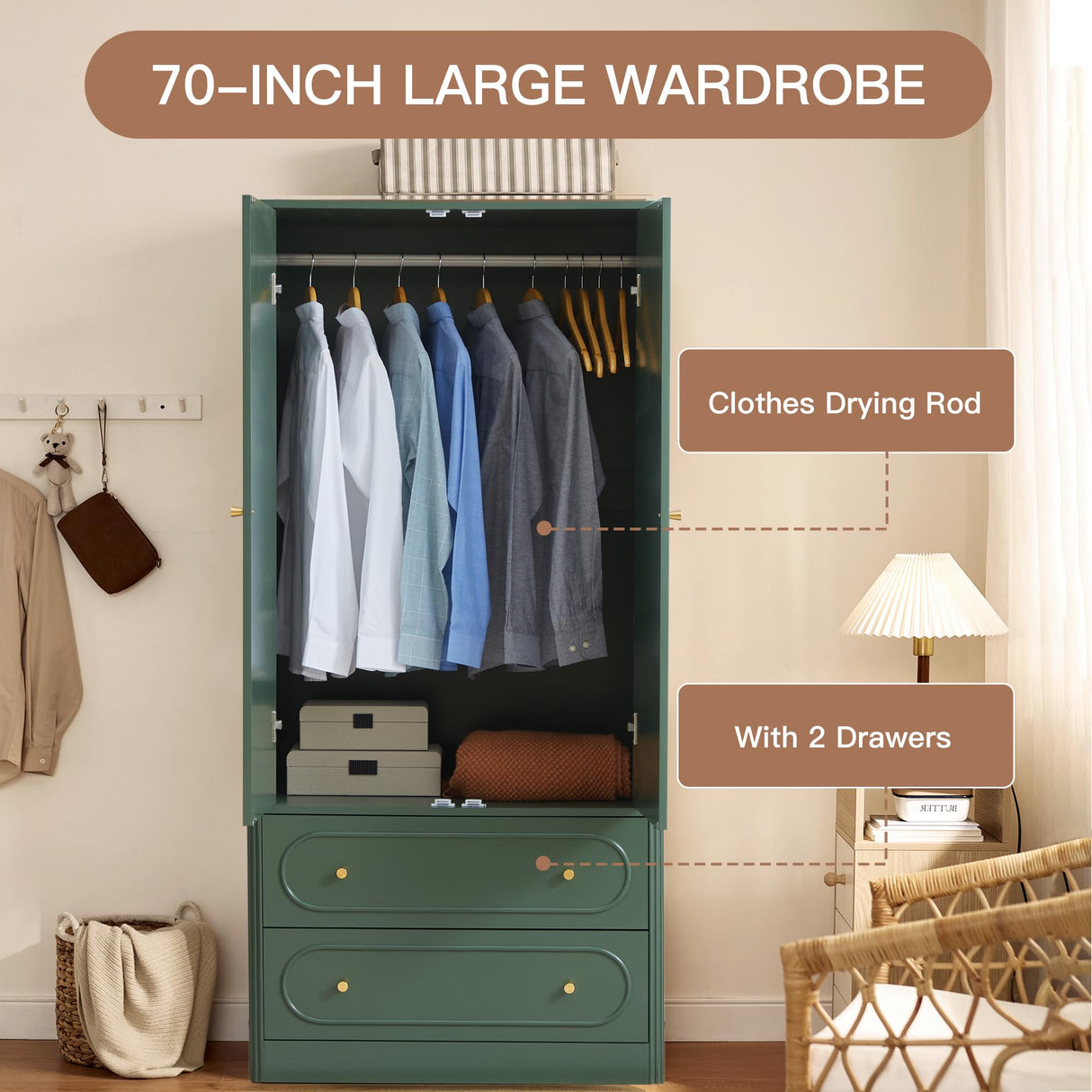 Fluted Freestanding Armoire Wardrobe Closet with 2 Doors and 2 Storage Drawers, Large Capacity Wardrobe Cabinet, Wooden Closet for Bedroom, Living Room - Green ORRD