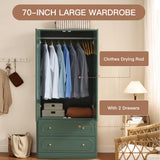 Fluted Freestanding Armoire Wardrobe Closet with 2 Doors and 2 Storage Drawers, Large Capacity Wardrobe Cabinet, Wooden Closet for Bedroom, Living Room - Green ORRD