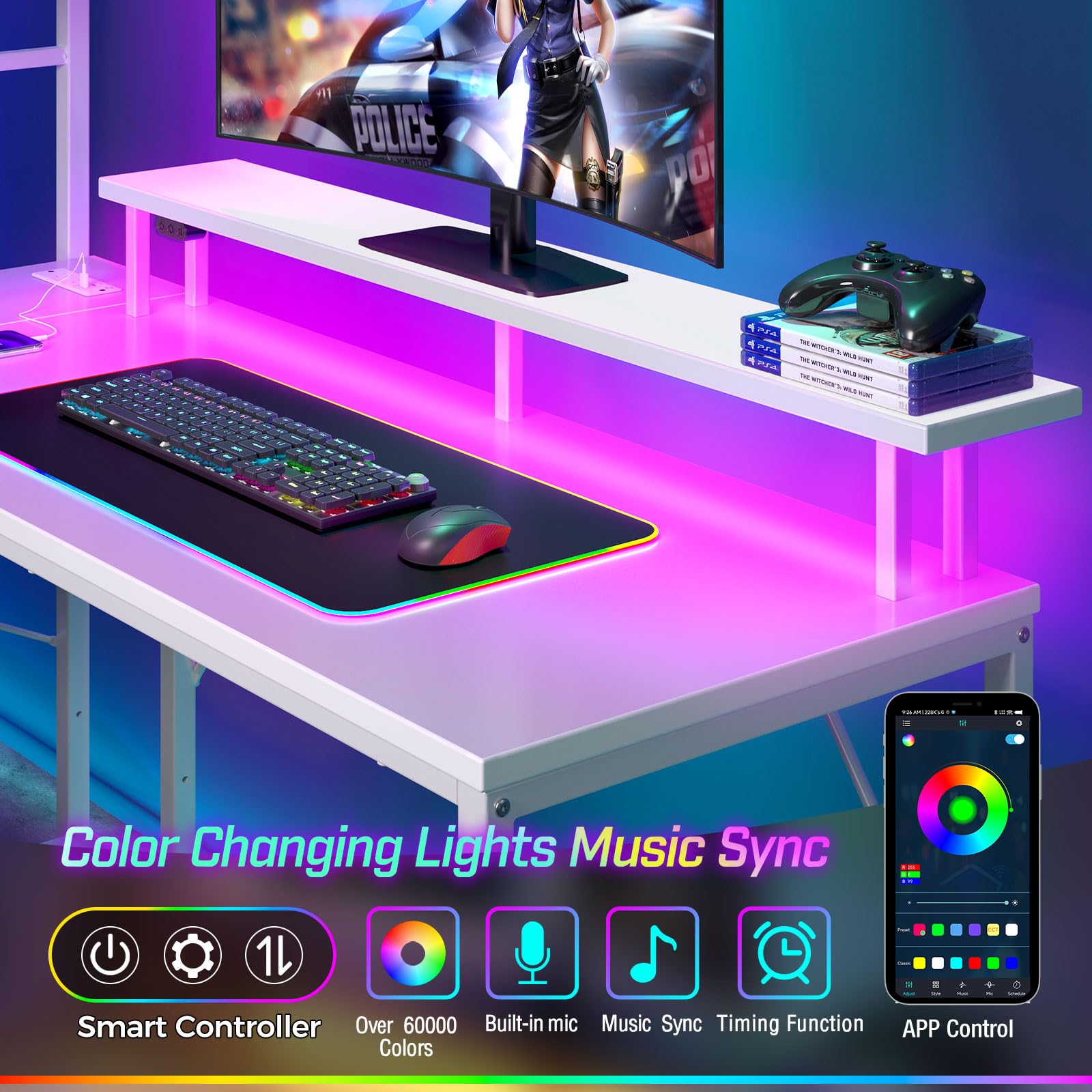 Seventable Gaming Desk with Power Outlet and LED Light, Reversible Small Desk with Monitor Stand and 4 Tiers Shelves, 39" L Shaped Desk with Hooks, Computer Desk for Living Room and Bedroom,  - WoodArtSupply