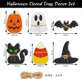 6PCS Halloween Wooden Decor - Halloween Wooden Signs Include Pumpkin Ghost Bat Black Cat Witch Hat Candy Corn Freestanding Table Signs, Halloween Tiered Tray Decor for Rustic Farmhouse Home Mantle Lairyan
