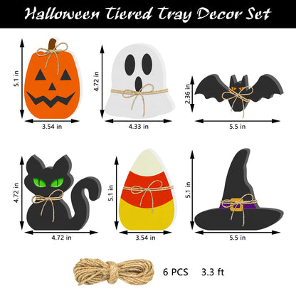 6PCS Halloween Wooden Decor - Halloween Wooden Signs Include Pumpkin Ghost Bat Black Cat Witch Hat Candy Corn Freestanding Table Signs, Halloween Tiered Tray Decor for Rustic Farmhouse Home Mantle