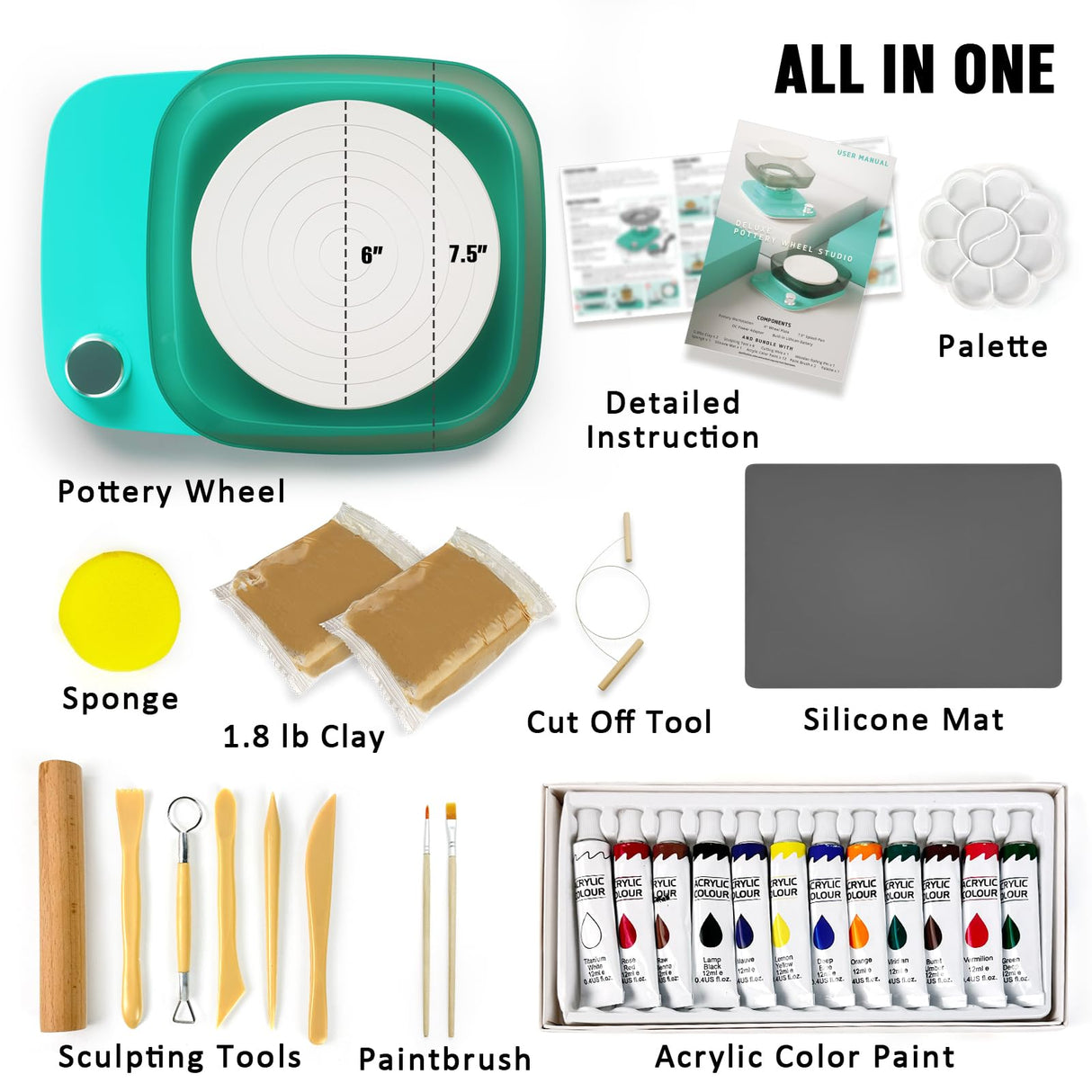 Patented Mini Pottery Wheel for Beginners | 6in Turntable, 0-440 RPM Speed Adjustable with Rechargeable Battery, 1.8 Lb Air Dry Clay, Pottery Tools and Art Supplies, Craft Kits for Teenager and Adult Goody King