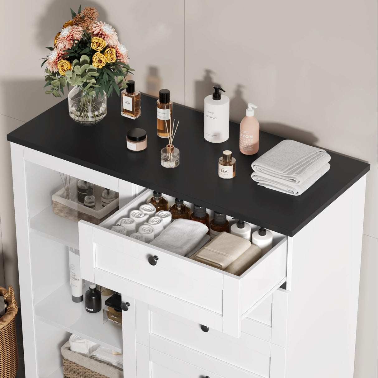 HOSTACK 5 Drawer Dresser with Door, White Storage Cabinet with Drawers and Shelves, Wide Wood Dresser, Modern Chest of Drawers Organizers for Living Room, Kitchen, Hallway HOSTACK