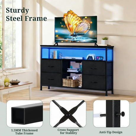 SageNest TV Stand Dresser for Bedroom, Entertainment Center for TV up to 50 inch with LED Lights & Charging Station, Media Console with 4 Fabric Drawers and Open Storage Shelves for Living Room, Black SageNest